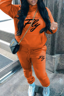 Orange Casual Letters Draw String Pocket Patchwork Hooded Long Sleeve Two Pieces