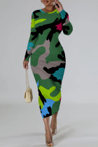 Camouflage Casual Street Flowers Snakeskin Print Gradient Leopard Contrast O Neck Printed Dresses