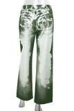 Green Casual Print Buttons Patchwork Loose Mid Waist Straight Full Print Bottoms