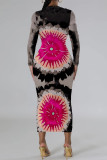 Purple Casual Street Floral Print Contrast O Neck Printed Dresses