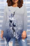 Beige Casual Daily Floral Print Gradient Irregular Contrast O Neck Tops