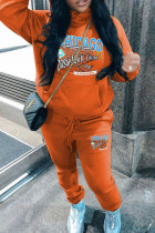 Orange Casual Print Draw String Pocket Patchwork Hooded Long Sleeve Two Pieces