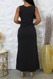Grey Sexy Casual Print Lace Patchwork Belted Deep V Neck Long Dresses