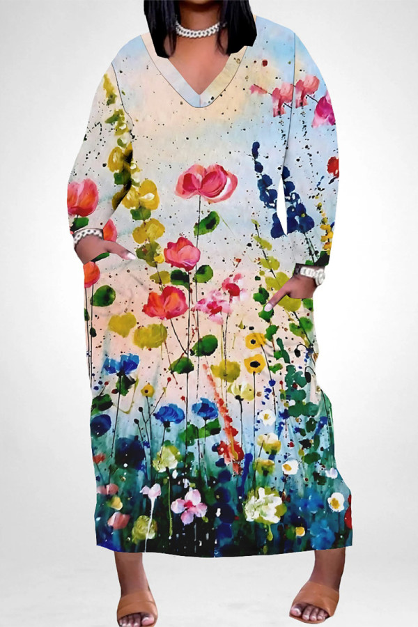 Blue Apricot Casual Daily Floral Print Pocket Contrast V Neck Printed Plus Size Dresses