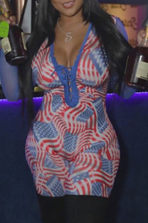 Blue Casual Print Patchwork Belted Deep V Neck Skinny Rompers