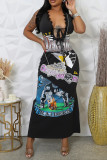 Grey Sexy Casual Print Lace Patchwork Belted Deep V Neck Long Dresses