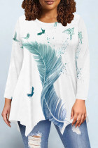 White Casual Daily Floral Print Gradient Irregular Contrast O Neck Tops