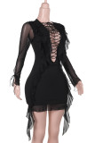 Black Sexy Solid Color Hollow Out Patchwork Ruffled Trim Deep V Neck Wrapped Skirt Dresses