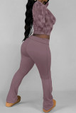 Burgundy Casual Street Plaid Stripe Gradient O Neck Long Sleeve Two Pieces