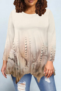 Beige Casual Daily Floral Print Gradient Irregular Contrast O Neck Tops