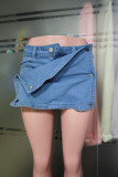 Blue Casual Solid Color Buttons Patchwork Mid Waist Regular Denim Skirts