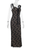 Black Elegant Solid Color Lace Patchwork Backless Asymmetrical Collar Long Dresses