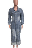 Blue Casual Solid Color Pocket Buckle Patchwork With Belt Turndown Collar Long Sleeve Regular Denim Jumpsuits