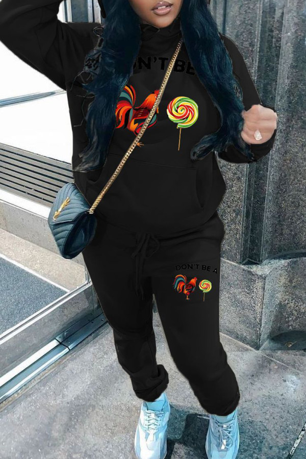 Black Casual Print Draw String Pocket Patchwork Hooded Long Sleeve Two Pieces