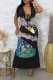 Black Sexy Casual Print Lace Patchwork Belted Deep V Neck Long Dresses