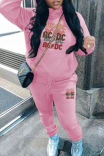 Pink Casual Print Draw String Pocket Patchwork Hooded Long Sleeve Two Pieces
