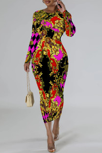 Black Gold Casual Street Floral Print Contrast O Neck Printed Dresses
