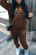Brown Casual Print Draw String Pocket Patchwork Hooded Long Sleeve Two Pieces