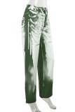Green Casual Print Buttons Patchwork Loose Mid Waist Straight Full Print Bottoms