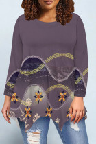 Purple Casual Daily Floral Print Gradient Irregular Contrast O Neck Tops
