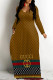 Coffee Casual Street Letter Print Stripe Pocket Contrast V Neck Printed Dresses