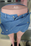 Blue Casual Solid Color Buttons Patchwork Mid Waist Regular Denim Skirts