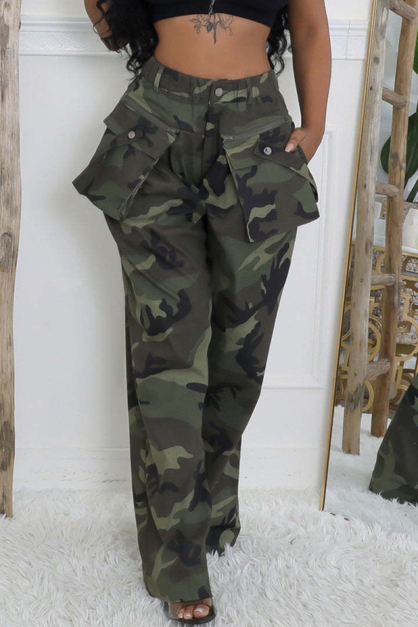 Camouflage Casual Camouflage Print Pocket Buttons Patchwork Zipper Loose Mid Waist Full Print Bottoms