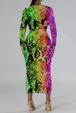 Orange Casual Street Flowers Snakeskin Print Gradient Leopard Contrast O Neck Printed Dresses