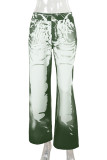 Green Casual Print Buttons Patchwork Loose Mid Waist Straight Full Print Bottoms