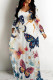 White Casual Print Patchwork V Neck Long Dresses