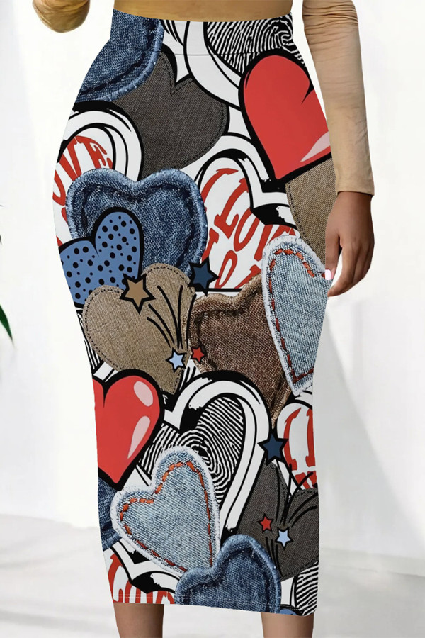 Multicolor Casual Street Flowers Heart Shaped Faux Denim Print Contrast Regular High Waist Full Print Bottoms
