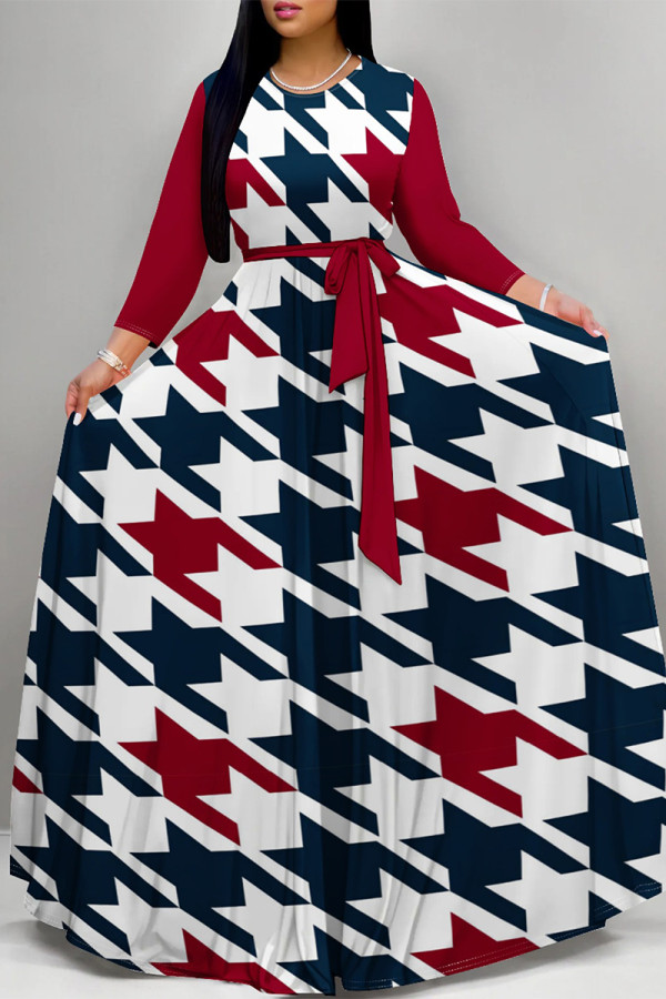 Burgundy Daily Elegant Geometric Print Lace Up Contrast O Neck Printed Dresses