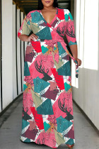 Multicolor Casual Daily Plaid Striped Print Pocket Contrast V Neck Printed Plus Size Dresses