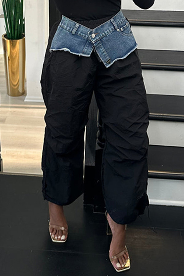 Black Casual Patchwork Pocket Regular High Waist Conventional Patchwork Trousers