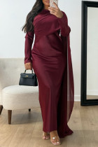 Burgundy Elegant Solid Color Patchwork O Neck Long Dresses