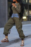 Army Green Casual Patchwork Pocket Regular High Waist Conventional Patchwork Trousers