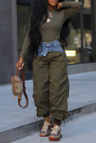 Army Green Casual Patchwork Pocket Regular High Waist Conventional Patchwork Trousers