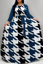 Navy Blue Daily Elegant Geometric Print Lace Up Contrast O Neck Printed Dresses