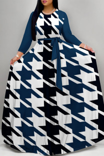 Navy Blue Daily Elegant Geometric Print Lace Up Contrast O Neck Printed Dresses