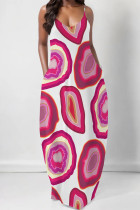Rose Red Sexy Geometric Print Polka Dot Pocket Contrast V Neck Printed Dresses