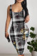 Black Gray Casual Daily Plaid Cartoon Print Letters Contrast U Neck Printed Dresses