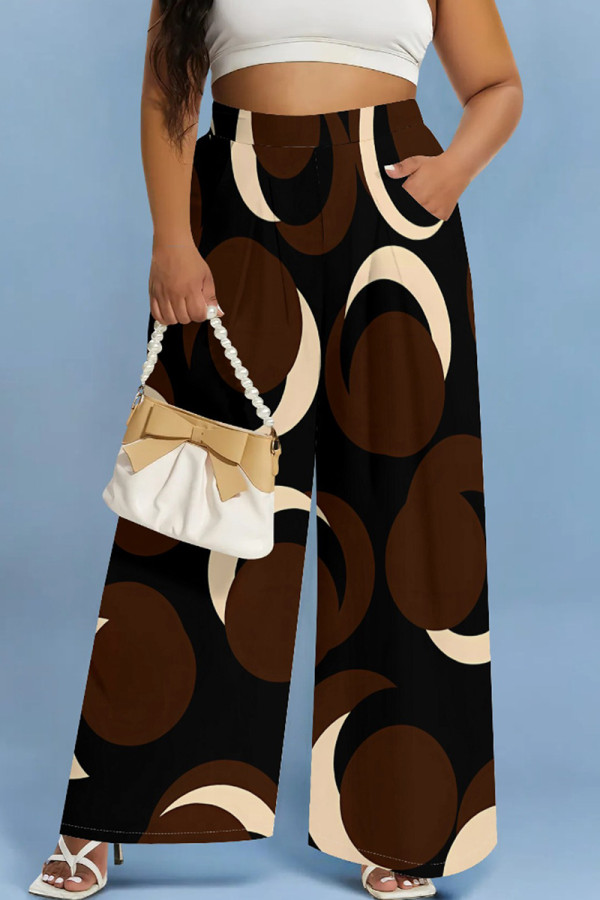 Black Casual Print Pocket Patchwork Loose Mid Waist Wide Leg Full Print Bottoms