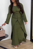 Green Casual Solid Color Buttons Patchwork High Slit O Neck Long Sleeve Two Pieces