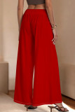 Red Casual Solid Color Pocket Patchwork Loose Mid Waist Wide Leg Patchwork Bottoms