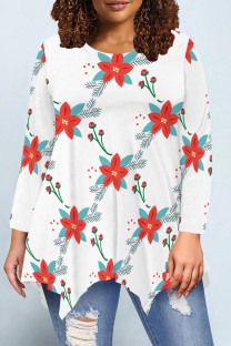White Red Casual Daily Floral Print Irregular Contrast O Neck Tops