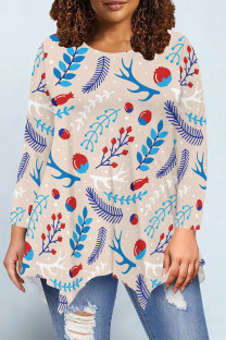 Peach Casual Daily Floral Print Irregular Contrast O Neck Tops
