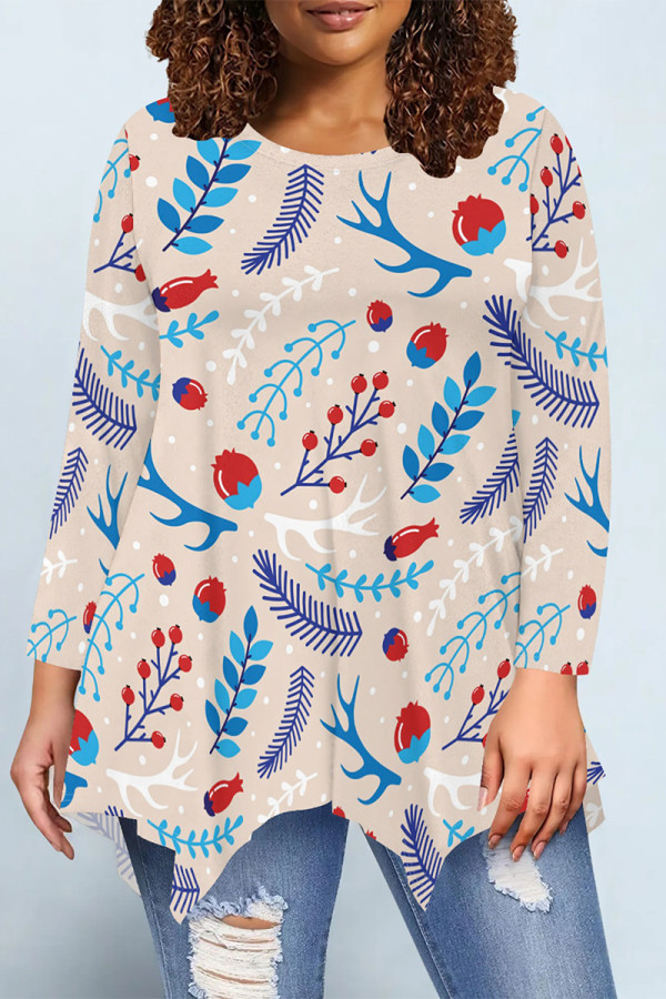 Peach Casual Daily Floral Print Irregular Contrast O Neck Tops
