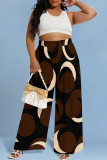 White Casual Print Pocket Patchwork Loose Mid Waist Wide Leg Full Print Bottoms