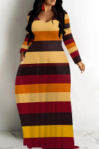 Brown Yellow Casual Print Patchwork V Neck Long Dresses