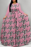 Navy Blue Daily Elegant Geometric Print Lace Up Contrast O Neck Printed Dresses